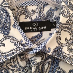 Men’s Bugatchi blue and white paisley shirt, Sz L